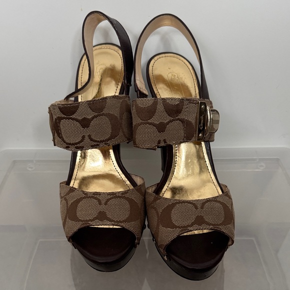 Coach Shoes - Coach Brown Platform Sandals with Gold Accents